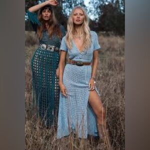 Chasing Unicorns I’m On Fire Crotchet Maxi Dress EUC Icelandic Blue Size M